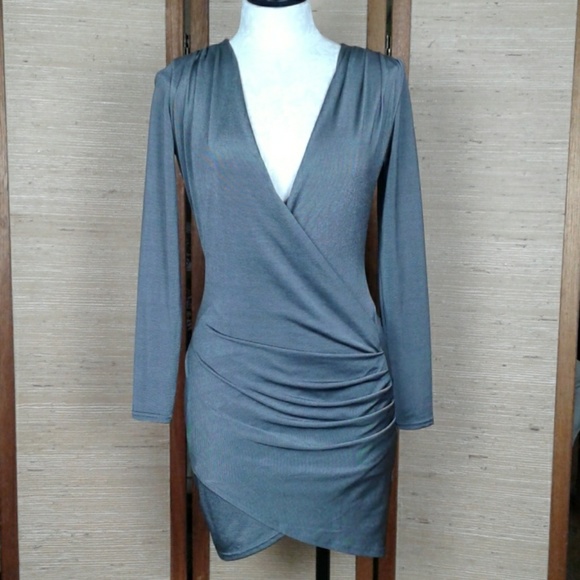 Boohoo Dresses & Skirts - BooHoo Grey cross/wrap front Bodycon Dress 6